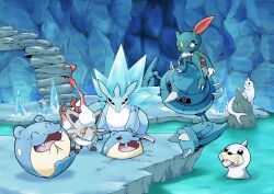Rule 34 | absurdres, alolan form, alolan sandslash, closed mouth, colored sclera, covering own mouth, crack, cracked floor, creatures (company), dewgong, fangs, floating, game freak, gen 1 pokemon, gen 2 pokemon, gen 3 pokemon, gen 7 pokemon, highres, hisuian zorua, hole, ice cave, ice crystal, laughing, looking at another, metang, nintendo, partially submerged, pokemon, pokemon (creature), q-chan, red eyes, red sclera, seel, sneasel, stairs, stone stairs, stuck, tears, yellow eyes