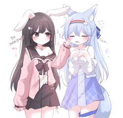 Rule 34 | 2girls, :3, animal ear fluff, animal ears, bare shoulders, black skirt, blue hair, blue nightgown, blush, brown eyes, brown hair, cheek pinching, closed eyes, closed mouth, cloud hair ornament, commentary request, commission, cowboy shot, dot nose, fake animal ears, flower, fox ears, fox girl, fox tail, hair between eyes, hair flower, hair ornament, heart, highres, honyang, jewelry, long bangs, long hair, looking at another, miniskirt, multiple girls, neck ribbon, nightgown, off shoulder, original, own hands together, pendant, pinching, pink shirt, rabbit ears, rainbow hairband, raised eyebrows, ribbon, shirt, sidelocks, simple background, skirt, sleeves past fingers, sleeves past wrists, sparkle, tail, thigh strap, translation request, variant set, white background, white shirt