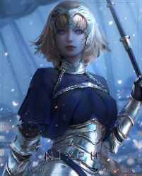 Rule 34 | 1girl, armor, armored dress, blonde hair, blue eyes, breasts, chain, closed mouth, fate/grand order, fate (series), faulds, flag, gauntlets, headpiece, highres, holding, holding flag, jeanne d&#039;arc (fate), jeanne d&#039;arc (ruler) (fate), large breasts, nixeu