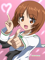 Rule 34 | 1girl, :d, artist name, black neckerchief, blouse, brown eyes, brown hair, commentary, dancing, dated, foreshortening, girls und panzer, heart, highres, index fingers raised, light trail, long sleeves, looking at viewer, naotosi, neckerchief, nishizumi miho, ooarai school uniform, open mouth, pink background, sailor collar, school uniform, serafuku, shirt, short hair, smile, solo, upper body, valentine, white sailor collar, white shirt