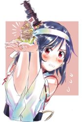 Rule 34 | 1girl, black hair, blush, commentary request, dessert, detached sleeves, fingernails, flying sweatdrops, food, hachimaki, hair ornament, headband, holding, holding food, japanese clothes, jewelry, kantai collection, kimono, looking at viewer, mont blanc (food), nontraditional miko, obi, red eyes, red ribbon, ribbon, ribbon-trimmed sleeves, ribbon trim, ring, sagamiso, sash, simple background, solo, sweat, upper body, wavy mouth, wedding band, white headband, white kimono, yamashiro (kancolle)