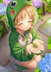 Rule 34 | 1girl, ^ ^, absurdres, animal, animal costume, blonde hair, blue flower, blurry, blush, boots, closed eyes, depth of field, flat chest, flower, frog, frog costume, from above, happy, highres, holding, holding animal, hydrangea, long hair, moriya suwako, nora wanko, outdoors, polka dot, puddle, reflection, resolution mismatch, rubber boots, smile, solo, source smaller, sparkle, squatting, touhou