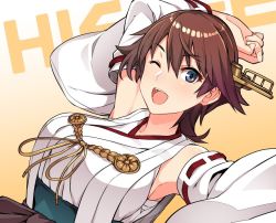 Rule 34 | 1girl, blue eyes, blush, breasts, brown hair, detached sleeves, flipped hair, headgear, hiei (kancolle), kantai collection, long sleeves, medium breasts, nontraditional miko, one eye closed, open mouth, ribbon-trimmed sleeves, ribbon trim, short hair, simple background, solo, tsukinami kousuke, upper body, wide sleeves