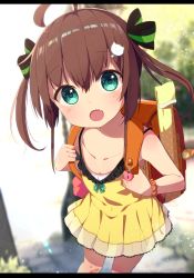 Rule 34 | 1girl, :o, absurdres, aged down, ahoge, backpack, bag, bag charm, bandaid, bandaid on knee, bandaid on leg, bare arms, bare shoulders, black bow, blurry, blurry background, blush, bow, brown hair, charm (object), collarbone, commentary request, day, depth of field, dress, fang, green eyes, hair between eyes, hair bow, head tilt, heart, highres, hololive, keyhole, leaning forward, letterboxed, looking at viewer, natsuiro matsuri, okota mikan, orange scrunchie, outdoors, pleated dress, randoseru, scrunchie, solo, striped, striped bow, twintails, two side up, virtual youtuber, wrist scrunchie, yellow dress