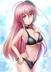 Rule 34 | 1girl, alternate costume, bare shoulders, bikini, black bikini, breasts, gradient background, hand on own chest, hata no kokoro, long hair, looking at viewer, mask, parted lips, pink eyes, pink hair, sideboob, solo, striped, striped background, swimsuit, touhou, underboob, y2