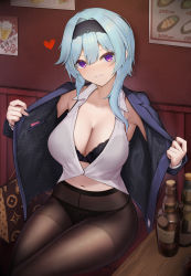 Rule 34 | 1girl, absurdres, alcohol, asymmetrical hair, bag, black bra, black panties, black pantyhose, blue hair, bottle, bra, breasts, cleavage, commentary request, contemporary, eula (genshin impact), genshin impact, hairband, handbag, heart, highres, large breasts, light blue hair, liquor, looking at viewer, office lady, open clothes, panties, panty peek, pantyhose, parted lips, partially undressed, purple eyes, revision, shirt, sleeveless, sleeveless shirt, smile, solo, terebi (shimizu1996), thighs, underwear, undressing