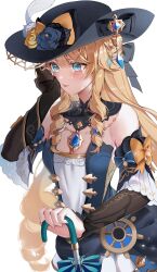 Rule 34 | 1girl, blonde hair, blue eyes, breasts, cleavage, commentary request, crying, crying with eyes open, detached sleeves, dress, drill hair, flower, frilled dress, frills, genshin impact, hair between eyes, hat, hat flower, hat ornament, highres, holding, holding umbrella, jewelry, long hair, long sleeves, mayuma (mayuma 0715), medium breasts, navia (genshin impact), necklace, sidelocks, simple background, solo, sun hat, tears, umbrella, vision (genshin impact), white background