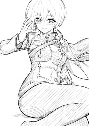Rule 34 | + +, 1girl, blush, breasts, cape, closed mouth, colored inner hair, dress, earrings, gloves, goddess of victory: nikke, greyscale, highres, jewelry, liliweiss (nikke), looking at viewer, medium breasts, military uniform, monochrome, multicolored hair, pink hair, ppantyhose, short hair, simple background, sitting, smile, solo, star-shaped pupils, star (symbol), symbol-shaped pupils, thighs, uniform, white background, yougenko
