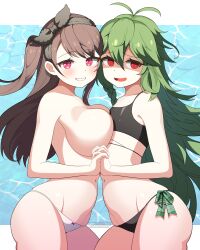 Rule 34 | 2girls, @ @, absurdres, artist request, ass, ass focus, ass shake, azur lane, bare legs, bare shoulders, bikini, black bikini, blush, breasts, breasts squeezed together, brown hair, cleavage, curvy, dark green hair, hair between eyes, highres, large breasts, long hair, looking at viewer, micro bikini, multiple girls, pamiat merkuria (azur lane), panties, panties only, pink eyes, red eyes, side ponytail, sidelocks, small breasts, swimsuit, thigh gap, thighs, torricelli (azur lane), torricelli (shady seaside) (azur lane), underwear, very long hair, white panties