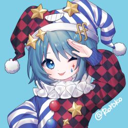 Rule 34 | 1girl, blue eyes, blue hair, clown, highres, long sleeves, looking at viewer, mahou shoujo madoka magica, miki sayaka, one eye closed, roro (lolo), simple background, smile, solo