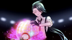 Rule 34 | 1girl, ahoge, androgynous, black gloves, black necktie, blurry, blurry background, closed eyes, closed mouth, collared shirt, creatures (company), dynamax ball, earrings, game freak, gloves, glowing, green hair, holding, holding poke ball, jewelry, kana (kanna runa0620), long hair, necktie, nintendo, poke ball, pokemon, pokemon sv, ponytail, reverse trap, rika (pokemon), shirt, sleeves rolled up, solo, suspenders, throwing, white shirt