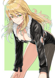 Rule 34 | 1girl, ahoge, bare legs, belt, bent over, black jacket, black legwear, black shorts, blush, border, bra, breasts, cleavage, closed mouth, commentary, feet out of frame, fur-trimmed jacket, fur trim, green background, green eyes, grey bra, highres, hoshii miki, idolmaster, idolmaster (classic), jacket, jewelry, large breasts, long hair, long sleeves, looking at viewer, necklace, open clothes, open jacket, outside border, short shorts, shorts, simple background, single leg pantyhose, smile, solo, standing, tsurui, underwear, white border