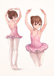 Rule 34 | 1girl, absurdres, aomoro, armpits, arms up, ass, ballerina, ballet, ballet dress, bare arms, bare shoulders, brown eyes, brown hair, closed mouth, collarbone, commentary request, covered navel, cowboy shot, cropped legs, dress, flat chest, from behind, full body, hair bun, highres, looking at viewer, looking away, looking back, microdress, multiple views, original, pantyhose, pink dress, short hair, shoulder blades, sidelocks, sideways glance, simple background, single hair bun, sleeveless, sleeveless dress, standing, sweatdrop, tiptoes, v-shaped eyebrows, white background, white pantyhose