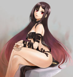 Rule 34 | 1girl, akahito yoshiichi, bare shoulders, black choker, black dress, breasts, brown hair, center opening, choker, crossed legs, dress, ear piercing, earrings, fate/grand order, fate (series), jewelry, legs, long hair, looking at viewer, looking to the side, medium breasts, multiple earrings, navel, no bra, open mouth, parted lips, piercing, red eyes, revealing clothes, simple background, sitting, solo, strapless, strapless dress, tagme, thighs, underboob, very long hair, yu mei-ren (fate)