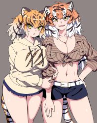 Rule 34 | 2girls, ahoge, alternate costume, animal ears, animal print, belt, black hair, blush, breast pocket, breast press, breasts, button shirt, casual, collarbone, cowboy shot, extra ears, fang, fangs, female focus, hand on own hip, highres, holding, holding another&#039;s arm, hood, hoodie, jewelry, kemono friends, large breasts, long hair, looking at viewer, mamiyama, medium hair, midriff, multicolored hair, multiple girls, navel, necklace, open mouth, orange hair, pocket, shirt, shorts, siberian tiger (kemono friends), simple background, smile, standing, string, tail, tan background, teeth, thighs, tied shirt, tiger (kemono friends), tiger ears, tiger print, tiger stripes, tiger tail, upper body, v-shaped eyebrows, white hair, yellow eyes