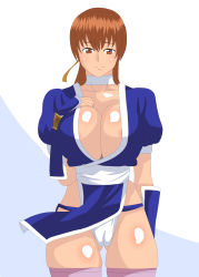 Rule 34 | 1girl, absurdres, accidental exposure, breasts, brown hair, bursting breasts, cameltoe, cleft of venus, dead or alive, embarrassed, hair ribbon, hand on own chest, highres, huge breasts, kagemusha, kasumi (doa), no bra, panties, ribbon, tagme, tecmo, thick thighs, thighhighs, thighs, underwear