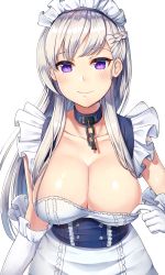 Rule 34 | 1girl, absurdres, apron, arm at side, azur lane, bad id, bad pixiv id, belfast (azur lane), blush, braid, breasts, chain, cleavage, closed mouth, collar, collarbone, commentary request, corset, french braid, frilled apron, frilled gloves, frills, gloves, highres, large breasts, long hair, looking at viewer, maid apron, maid headdress, purple eyes, rangen, shiny skin, silver hair, simple background, smile, solo, very long hair, white apron, white background, white gloves