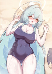 Rule 34 | 1girl, abydos high school swimsuit, ahoge, bandaid, bare arms, bare legs, bare shoulders, black one-piece swimsuit, blue archive, blush, breasts, cleavage, collarbone, covered navel, cowboy shot, fuyu no usagi, green hair, hair between eyes, halo, highres, huge ahoge, large breasts, long hair, lying, on back, one-piece swimsuit, open mouth, school uniform, solo, sweat, swimsuit, thigh gap, yellow eyes, yellow halo, yume (blue archive)