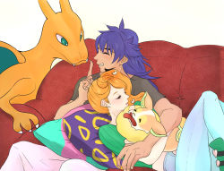 Rule 34 | 1boy, 1girl, animal, animal hug, black shirt, charizard, closed eyes, couch, creatures (company), dark-skinned male, dark skin, facial hair, fangs, fangs out, finger to mouth, game freak, gen 1 pokemon, gen 8 pokemon, green pants, green shirt, grin, hair ornament, heart, heart hair ornament, highres, holding, holding pokemon, hug, leon (pokemon), long hair, looking at another, nintendo, orange hair, pants, pillow, pokemon, pokemon (creature), pokemon swsh, purple hair, ribbed shirt, shirt, short sleeves, shushing, side ponytail, sitting, smile, sonia (pokemon), tongue, tongue out, white background, white pants, yamper