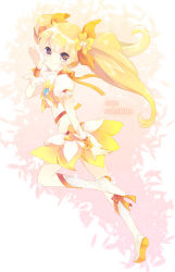 Rule 34 | 10s, 1girl, arm up, bad id, bad pixiv id, blonde hair, boots, bow, brooch, brown eyes, cure sunshine, flower, hair flower, hair ornament, hair ribbon, heart, heart brooch, heartcatch precure!, knee boots, long hair, magical girl, midriff, myoudouin itsuki, orange bow, precure, ribbon, silverms2, skirt, smile, solo, twintails, waving, yellow bow
