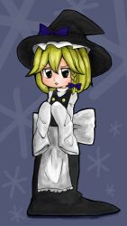 Rule 34 | 1girl, apron, black eyes, black hat, black skirt, black vest, blonde hair, bow, braid, buttons, commentary request, cookie (touhou), full body, grey background, hair between eyes, hair bow, hat, hat bow, highres, kanakamei1, kirisame marisa, long skirt, looking at viewer, medium bangs, open mouth, purple bow, shirt, short hair, single braid, skirt, skirt set, sleeves past fingers, sleeves past wrists, solo, standing, touhou, turtleneck, turtleneck shirt, vest, waist apron, white apron, white shirt, witch hat, yuuhi (cookie)