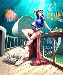 Rule 34 | 1girl, arm support, barefoot, black hair, blue eyes, blue shirt, book, breasts, bursting breasts, center opening, crop top, eyewear on head, feet, fish, fishman island, floral print, flower, from side, full body, glasses, grass, groin, hair slicked back, highres, kevin herault, large breasts, lips, long hair, looking back, looking to the side, lowleg, midriff, navel, nico robin, no bra, one piece, open book, open clothes, open shirt, outdoors, pink skirt, sarong, shirt, short sleeves, sitting, skirt, soles, solo, sunglasses, sunlight, thousand sunny, timeskip, toes, underwater, unzipped, water, zipper