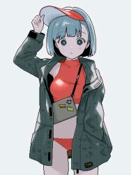 Rule 34 | 1girl, bag, black eyes, blush, bra, closed mouth, cowboy shot, grey background, grey hair, hand in pocket, hat, highres, holding, holding clothes, holding hat, jacket, looking at viewer, narume, open clothes, open jacket, original, panties, pink panties, pixel art, plaid, plaid jacket, red bra, red hat, shoulder bag, simple background, solo, sun hat, underwear