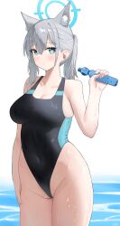 Rule 34 | 1girl, absurdres, animal ear fluff, animal ears, black one-piece swimsuit, blue archive, blue eyes, bottle, breasts, competition swimsuit, covered navel, cowboy shot, cross hair ornament, extra ears, grey hair, hair ornament, halo, happy05x, highleg, highleg swimsuit, highres, holding, holding bottle, low ponytail, medium breasts, medium hair, mismatched pupils, multicolored clothes, multicolored swimsuit, official alternate costume, one-piece swimsuit, ramune, shiroko (blue archive), shiroko (swimsuit) (blue archive), simple background, solo, standing, swimsuit, water, white background, wolf ears