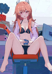 Rule 34 | 1girl, absurdres, animal ear fluff, animal ears, artist name, bare legs, barefoot, black bra, black panties, blush, bra, bra strap, breasts, cleavage, coffee cup, collarbone, commission, cup, disposable cup, feet, full body, girls&#039; frontline, highres, holding, holding cup, legs, long hair, long sleeves, looking at viewer, lyib, medium breasts, open clothes, open mouth, open robe, panties, persica (girls&#039; frontline), red eyes, red hair, robe, sidelocks, simple background, sitting, solo, spread legs, thighs, toes, underwear, white robe