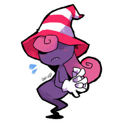 Rule 34 | 1girl, blush, ghost-pepper, gloves, hair over eyes, hat, lowres, male focus, mario (series), nintendo, paper mario, pink hair, solo, super mario bros. 1, trap, vivian (paper mario), witch hat