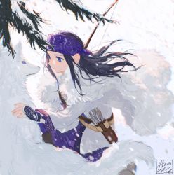 Rule 34 | 1girl, ainu, ainu clothes, arrow (projectile), artist name, asirpa, bandana, belt, black hair, blizzard, blue bandana, blue eyes, bow (weapon), cape, chinese commentary, closed mouth, commentary request, dated, ear piercing, earrings, eye contact, from side, fur cape, golden kamuy, highres, hoop earrings, jewelry, lips, long hair, long sleeves, looking at another, mitus, piercing, quiver, retar, shirt, sidelocks, signature, simple background, smile, snow, weapon, white cape, white shirt, white wolf, wolf