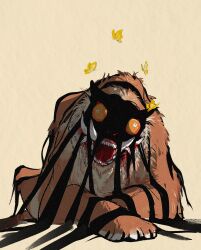 Rule 34 | alternate species, animal focus, bug, bulging eyes, butterfly, commentary request, dream tiger (govy9807), highres, insect, korean commentary, looking at viewer, mellowmellow666, open mouth, orange fur, original, shadow, sharp teeth, teeth, tiger, tiger stripes, tusks, white fur, yellow butterfly