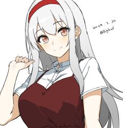 Rule 34 | 1girl, absurdres, bigkwl, brown dress, brown eyes, collared shirt, dated, dress, dress shirt, hairband, highres, kantai collection, long hair, looking at viewer, official alternate costume, red hairband, shirt, shoukaku (kancolle), simple background, solo, twitter username, upper body, white background, white hair, white shirt