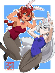 Rule 34 | 2girls, ahoge, alternate costume, animal ears, armpits, arms up, bare shoulders, black footwear, blue leotard, bow, bowtie, breasts, closed mouth, covered navel, dark-skinned female, dark skin, detached sleeves, fake animal ears, fake tail, green eyes, grey eyes, grey pantyhose, gundam, gundam suisei no majo, hair tubes, hairband, high heels, leotard, long hair, looking at viewer, miorine rembran, multiple girls, open mouth, pantyhose, playboy bunny, rabbit ears, rabbit pose, rabbit tail, red hair, red leotard, small breasts, suletta mercury, tail, thick thighs, thighs, wakoudo, white hair, wrist cuffs