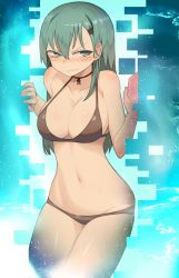 Rule 34 | 1girl, bare arms, bare shoulders, bikini, blush, breasts, brown bikini, cleavage, closed mouth, commentary request, cowboy shot, frown, green eyes, green hair, hair between eyes, halterneck, harau, highres, kantai collection, large breasts, looking at viewer, navel, nose blush, solo, standing, suzuya (kancolle), swimsuit, tears, v-shaped eyebrows
