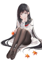 Rule 34 | 1girl, black eyes, black footwear, black hair, black pantyhose, closed mouth, commentary, eyelashes, full body, hand on own chin, head rest, highres, holding, holding leaf, leaf, legs together, loafers, long hair, long sleeves, looking at viewer, maple leaf, miniskirt, okuma mai, original, pantyhose, pleated skirt, sailor collar, school uniform, serafuku, shirt, shoes, simple background, sitting, skirt, smile, solo, straight hair, very long hair, white background, white shirt, white skirt