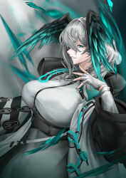 Rule 34 | 1girl, absurdres, aqua eyes, arknights, breasts, clenched teeth, coat, commentary request, dress, fingerless gloves, gloves, grey gloves, grey hair, hand up, head wings, highres, ho&#039;olheyak (arknights), large breasts, long sleeves, looking at viewer, mushuang goner, open clothes, open coat, short hair, solo, teeth, upper body, white coat, white dress, wings