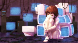 Rule 34 | 1girl, asymmetrical hair, bad id, bad pixiv id, brown eyes, brown hair, cable, closed mouth, commentary, computer, computer tower, dress, hair ornament, hairclip, highres, iwakura lain, looking at viewer, serial experiments lain, short hair, sitting, solo, strap slip