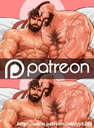 Rule 34 | 2boys, abs, alternate facial hair, bara, beard, chest hair, closed mouth, commentary, cross scar, dopey (dopq), english commentary, eye contact, facial hair, headband, heads together, highres, large pectorals, looking at another, male focus, mature male, mohawk, multiple boys, muscular, muscular male, navel, navel hair, nipples, out-of-frame censoring, paid reward available, parted lips, patreon logo, patreon username, pectorals, profile, red headband, ryu (street fighter), scar, scar on arm, scar on chest, scar on stomach, shiny skin, short hair, smile, stomach, street fighter, upper body, watermark, web address, yaoi, zangief