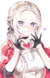 Rule 34 | 1girl, alternate hairstyle, armor, breastplate, breasts, cape, edelgard von hresvelg, fire emblem, fire emblem: three houses, fire emblem warriors, fire emblem warriors: three hopes, gloves, hair ornament, hair ribbon, heart, heart hands, highres, long hair, looking at viewer, meunhongcha, nintendo, official alternate costume, official alternate hairstyle, purple eyes, red cape, ribbon, simple background, smile, solo, white hair