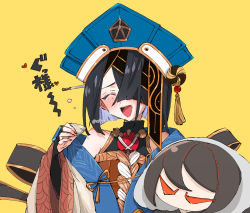Rule 34 | 1girl, bare shoulders, black hair, blue hat, breasts, bridal gauntlets, chinese clothes, citron80citron, closed eyes, doll, fate/grand order, fate (series), hair ornament, hair over one eye, hairpin, hat, holding, holding doll, jiangshi, long sleeves, mole, mole under eye, open mouth, robe, short hair, small breasts, smile, solo, white robe, wide sleeves, xu fu (fate), yellow background, yu mei-ren (fate)