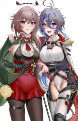Rule 34 | 2girls, absurdres, azur lane, belt, bird, blouse, brown hair, buko (bukosuki), cape, chick, commentary, cross hair ornament, crossed bangs, duca degli abruzzi (azur lane), fang, foch (azur lane), gradient hair, grey hair, hair between eyes, hair ornament, halo, heart hands failure, highres, holster, knife sheath, knife sheath, leotard, looking at viewer, manjuu (azur lane), mechanical arms, mechanical halo, multicolored hair, multiple girls, o-ring, o-ring belt, pantyhose, pink eyes, prosthesis, prosthetic hand, purple hair, red eyes, sheath, shirt, simple background, single mechanical arm, skindentation, skirt, smile, thigh holster, thigh strap, thighhighs, white background, white shirt