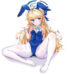 Rule 34 | 1girl, absurdres, animal ears, bare shoulders, blonde hair, blue archive, blue bow, blue eyes, blue hairband, blue halo, blue leotard, bow, bowtie, braid, breasts, chinese commentary, cleavage, commentary request, covered navel, detached collar, fake animal ears, feet, full body, groin, hairband, halo, headset, highleg, highleg leotard, highres, legs, leotard, long hair, looking at viewer, medium breasts, multicolored hair, no shoes, official alternate costume, pantyhose, playboy bunny, rabbit ears, simple background, sitting, solo, spread legs, strapless, strapless leotard, streaked hair, toes, toki (blue archive), toki (bunny) (blue archive), v, very long hair, white background, white pantyhose, wrist cuffs, yuki kokoro