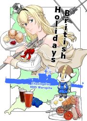 Rule 34 | 1boy, 1girl, artist self-insert, backpack, bacon, bag, beans, blonde hair, blue eyes, blue jacket, braid, breasts, character name, closed mouth, commentary, cover, cover page, crown, cup, dress, egg (food), english commentary, english text, food, french braid, hms warspite, jacket, jewelry, kantai collection, long hair, long sleeves, medium breasts, mini crown, necklace, off-shoulder dress, off shoulder, warspite (kancolle), yamada rei (rou)