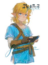 Rule 34 | 1boy, baomianzi, bishounen, blonde hair, blue eyes, blue tunic, blush, commentary request, cowboy shot, earrings, fingerless gloves, game console, gloves, handheld game console, highres, holding, holding handheld game console, jewelry, link, looking at viewer, male focus, nintendo, nintendo switch, short hair, simple background, the legend of zelda, white background
