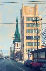 Rule 34 | architecture, building, car, city, cloud, cloudy sky, commentary, gothic architecture, highres, lamp, motor vehicle, no humans, original, power lines, procreate (medium), raphaellacoste, road, sky, street