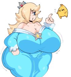 Rule 34 | 1girl, 1other, ass, blonde hair, blue eyes, breasts, clothes, crown, dress, hair over one eye, highres, huge ass, huge breasts, lewd dorky, long hair, luma (mario), mario (series), nintendo, plump, robe, rosalina, simple background, super mario galaxy, white background