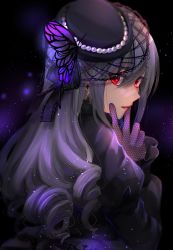 Rule 34 | 1girl, black background, black dress, black hat, butterfly hair ornament, dress, earrings, fishnet gloves, fishnets, from side, gloves, hair between eyes, hair ornament, hat, highres, idolmaster, idolmaster cinderella girls, idolmaster cinderella girls starlight stage, jewelry, kanzaki ranko, long sleeves, ouri (aya pine), parted lips, purple gloves, red eyes, solo, upper body