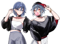 Rule 34 | 2girls, baseball cap, black choker, black hat, black jacket, black shirt, blowing bubbles, blue eyes, blue hair, bracelet, character request, choker, clothes writing, collarbone, cowboy shot, earrings, fu hua, grey pants, hand up, hat, honkai (series), honkai impact 3rd, jacket, jewelry, looking at viewer, midriff, multiple girls, open clothes, open jacket, pants, parted lips, red eyes, shirt, short hair, simple background, standing, strapless, tube top, white background, white pants, yunomi (yunomi hs)