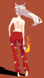 Rule 34 | 1girl, alternate costume, alternate hairstyle, ass, back, bad id, bad pixiv id, barefoot, bow, brown background, contemporary, contrapposto, denim, female focus, fire, from behind, fujiwara no mokou, full body, hair bow, hand on own hip, hip focus, jeans, ke-su, long hair, ofuda, ofuda on clothes, pants, ponytail, shadow, simple background, solo, standing, tomboy, topless, touhou, white hair
